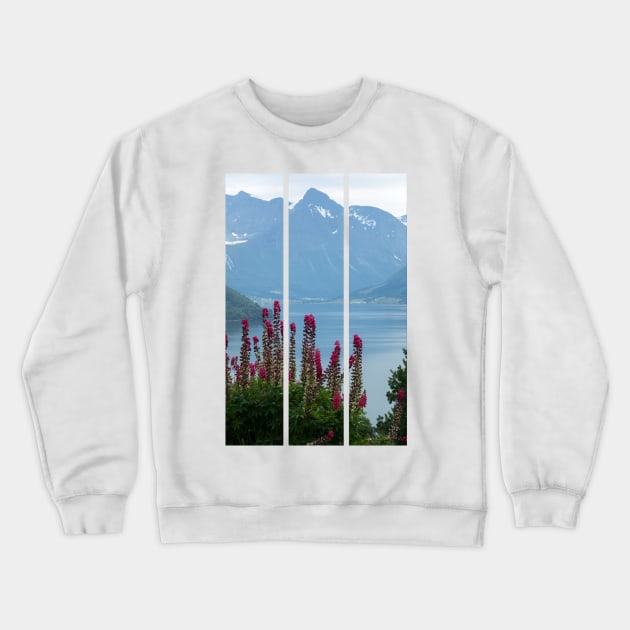 Wonderful landscapes in Norway. Vestland. Beautiful scenery of Romsdal Fjord from the Torvikeidet village. Nice flower composition in foreground. Snowed mountains Summer cloudy day (vertical) Crewneck Sweatshirt by fabbroni-art